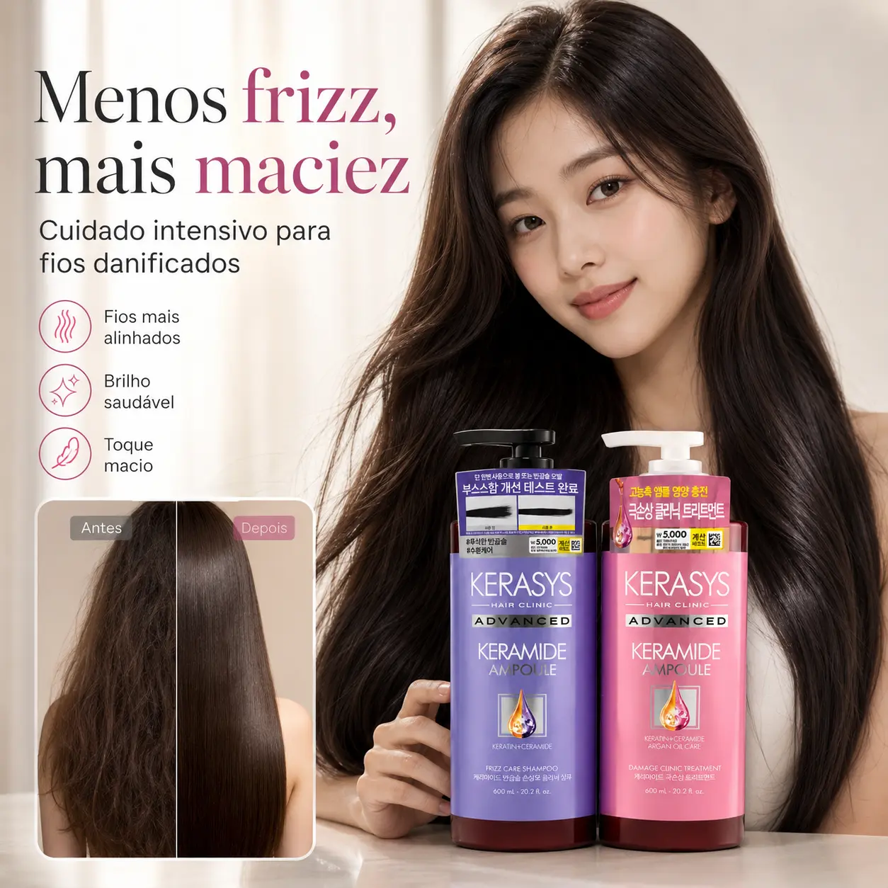 Kerasys Advanced Keramide Ampoule Frizz Care Shampoo + Damage Clinic Treatment 600ml - Imagem 3