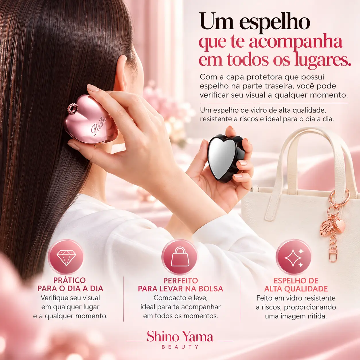 ReFa Heart Brush Charm Rose Gold – Mini Escova de Cabelo com Espelho e Chaveiro - Imagem 5