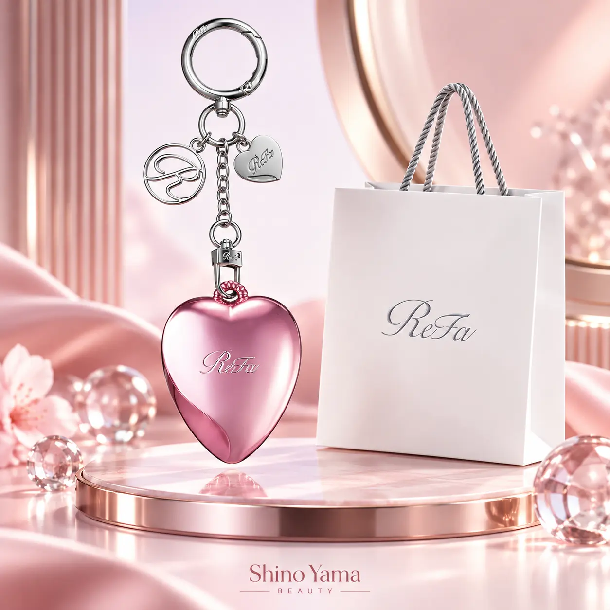 ReFa Heart Brush Charm Rose Gold – Mini Escova de Cabelo com Espelho e Chaveiro