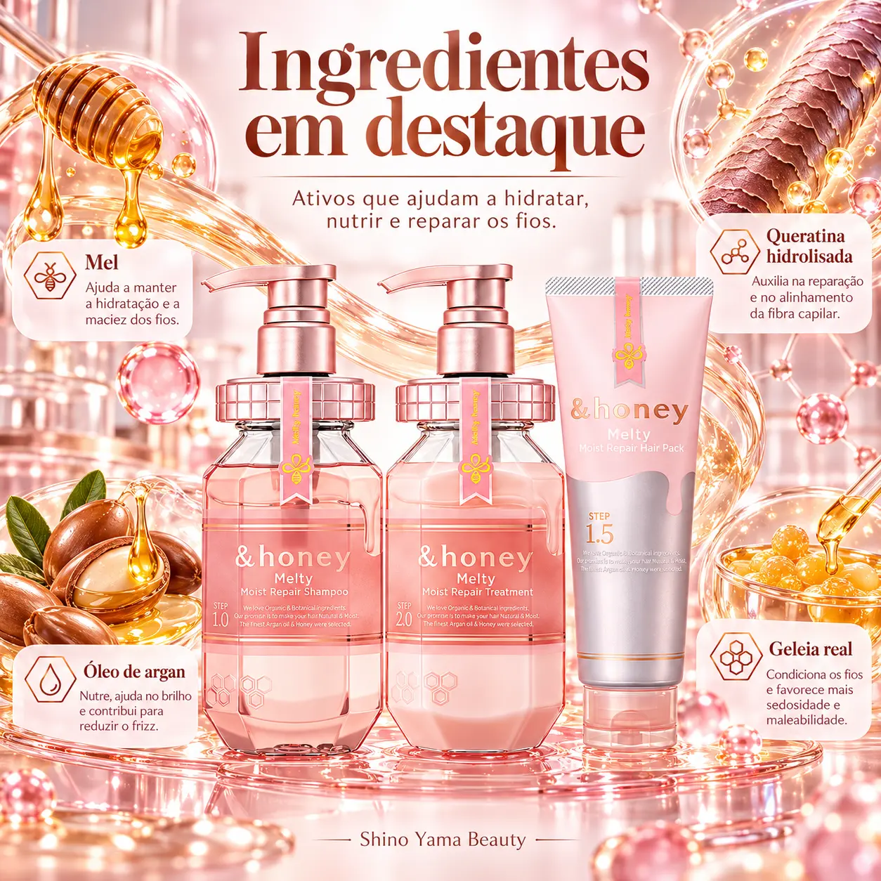 &honey Melty Moist Repair Shampoo 1.0 440ml + Hair Pack 1.5 130g + Hair Treatment 2.0 445g - Imagem 2
