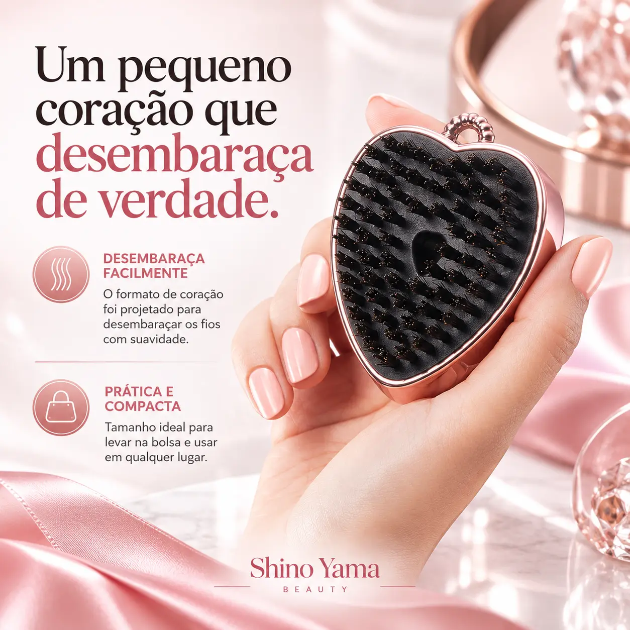 ReFa Heart Brush Charm Rose Gold – Mini Escova de Cabelo com Espelho e Chaveiro - Imagem 3