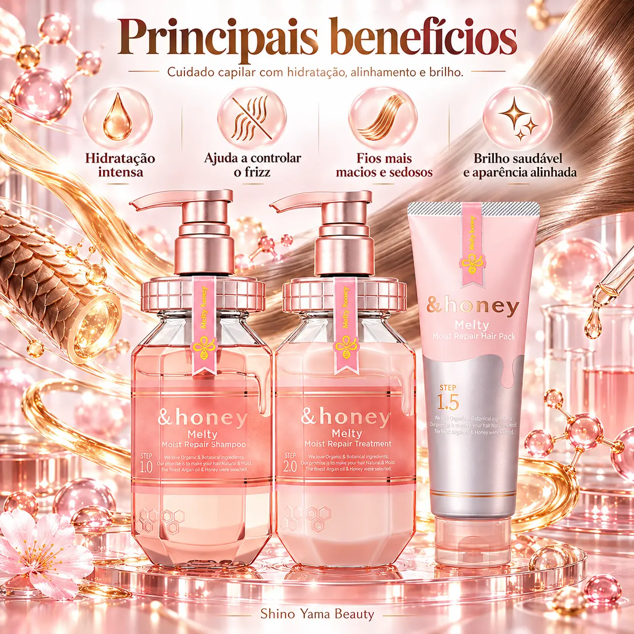 &honey Melty Moist Repair Shampoo 1.0 440ml + Hair Pack 1.5 130g + Hair Treatment 2.0 445g - Imagem 4