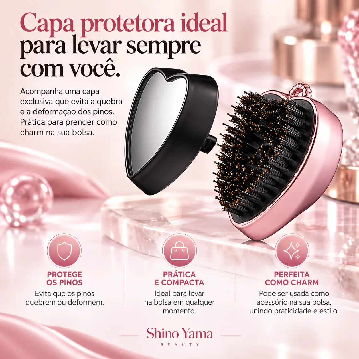 ReFa Heart Brush Charm Rose Gold – Mini Escova de Cabelo com Espelho e Chaveiro - Imagem 4